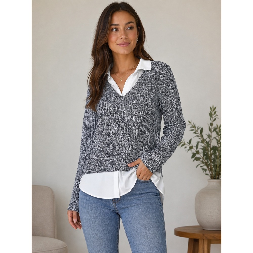 Ann Taylor Factory Tweed V-Neck Faux Layered Top Sweater - Size L